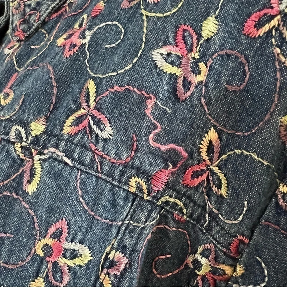 Leslie Fay Denim Shacket Floral Button Up Colorful Embroidery 100% Cotton Collar - Picture 11 of 13